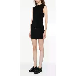 Reformation Jemma Knit Mini Dress Large Black Fitted Belted Mock Neck Minimalist